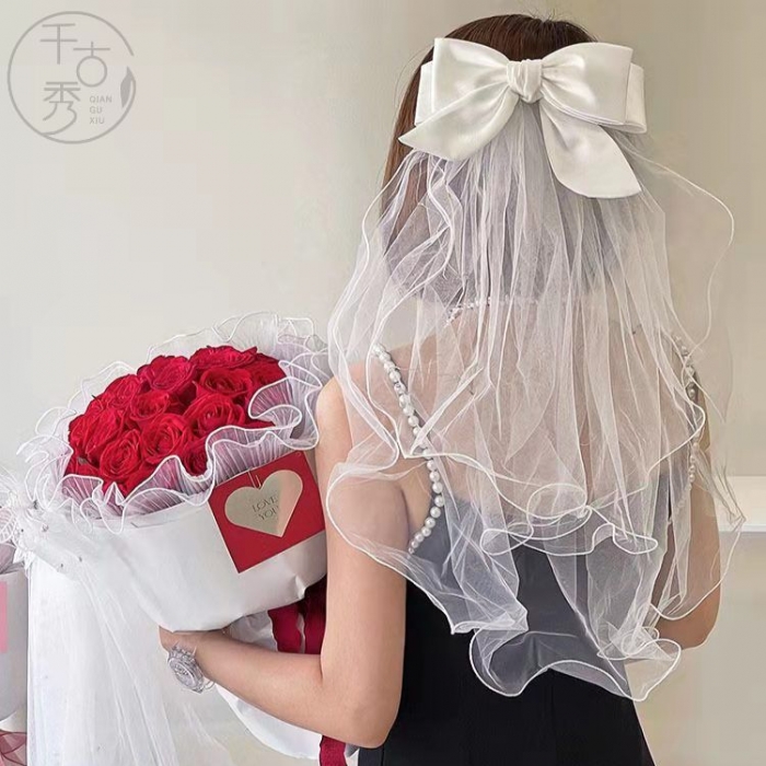 蝴蝶結頭紗花藝包裝網紗新娘白色頭紗